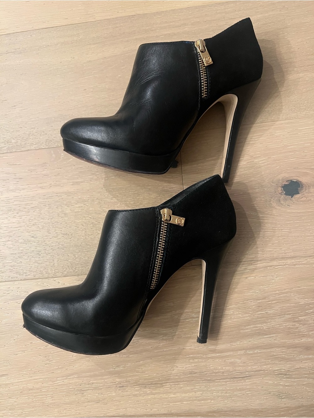 Michael Kors Black Leather Platform Ankle Booties with Gold Zip Accent